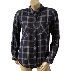 William Rast Womens Medium Plaid Button Up Short Convertible Sleeve Black White